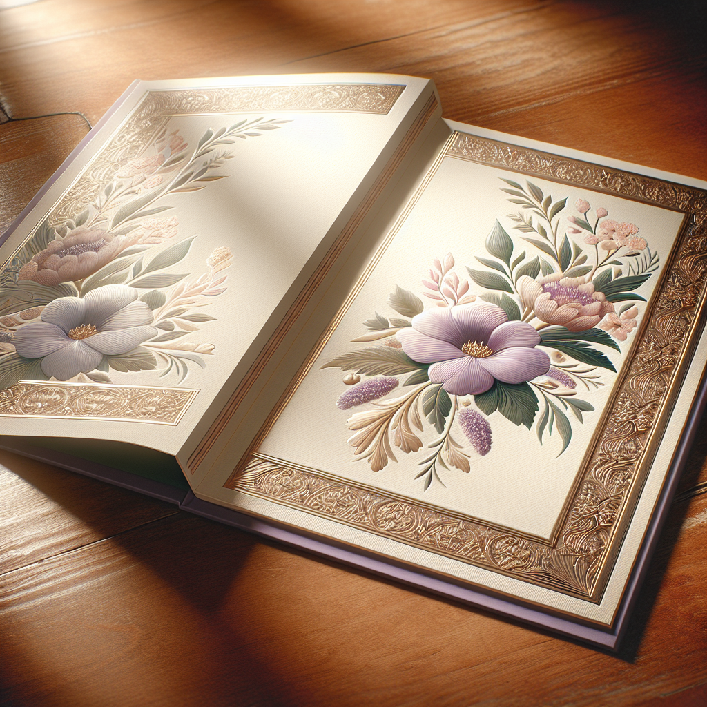 A serene image of a memorial card with floral patterns on a wooden table.