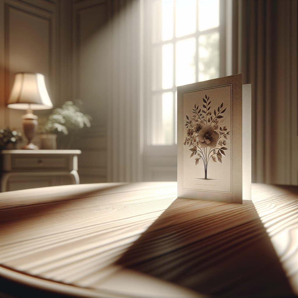 A memorial card on a table in a warmly lit room.