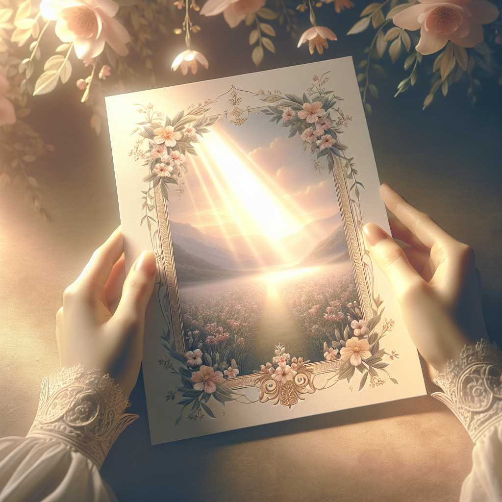 A gentle hand holding a floral memorial card subtly illuminated.