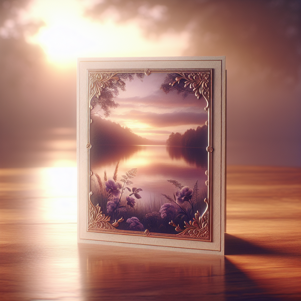 A realistic image of a memorial card on a wooden table, featuring a serene landscape photo and floral designs.