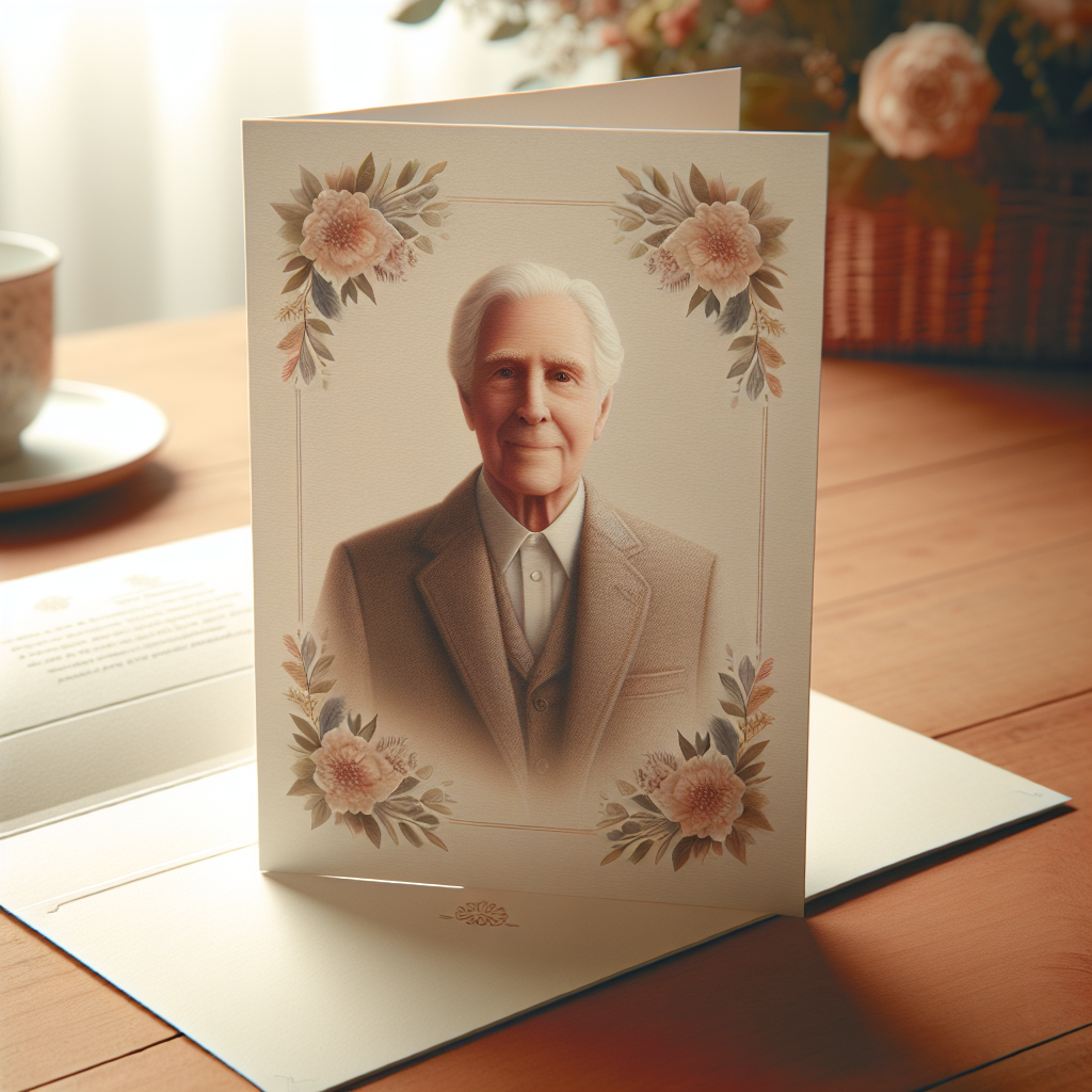 A realistic image of an open memorial card on a wooden table, featuring a portrait of an elderly person, with gentle pastel floral borders, in warm, natural lighting.