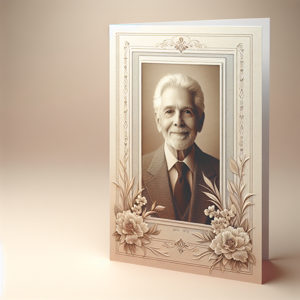 A realistic depiction of a memorial card with floral designs and a photo, open slightly, against a soft-toned background.