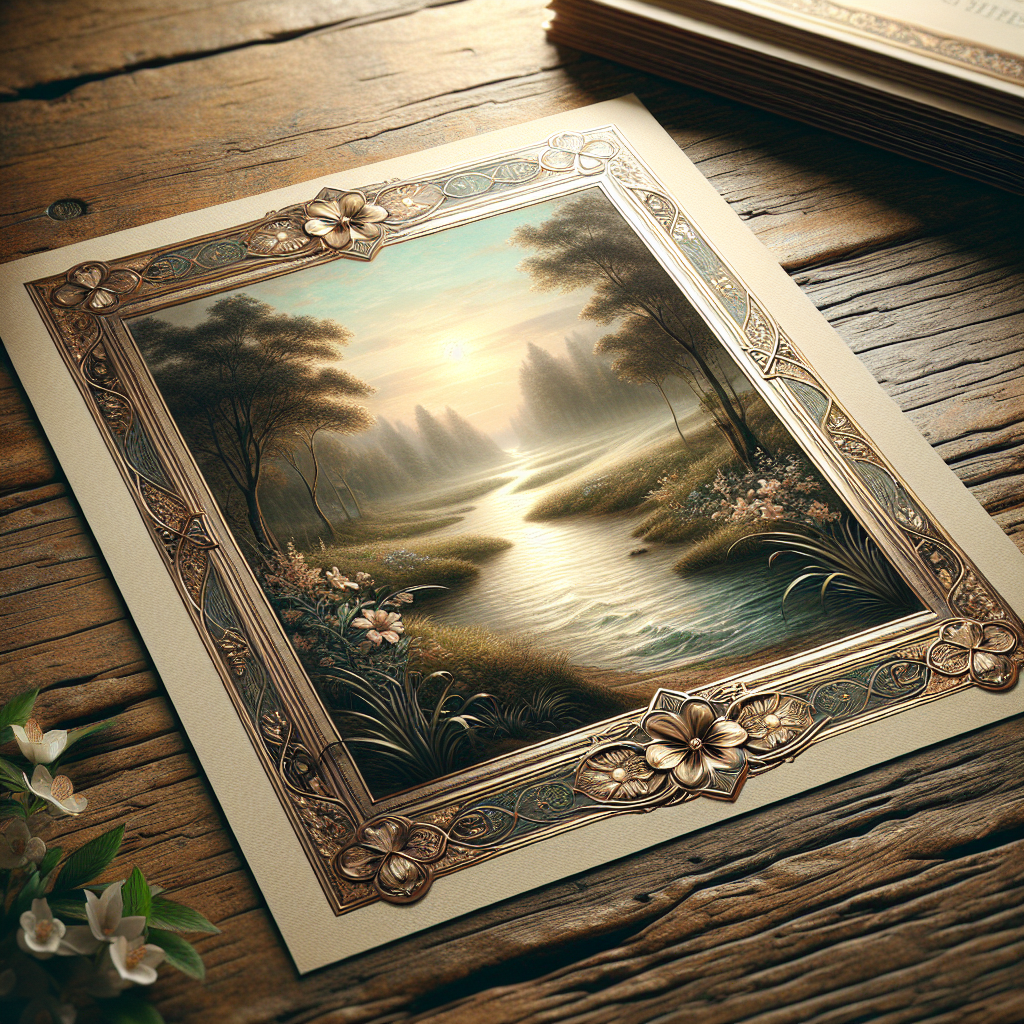 A realistic image of an open memorial card on a wooden table, showing a peaceful river scene.