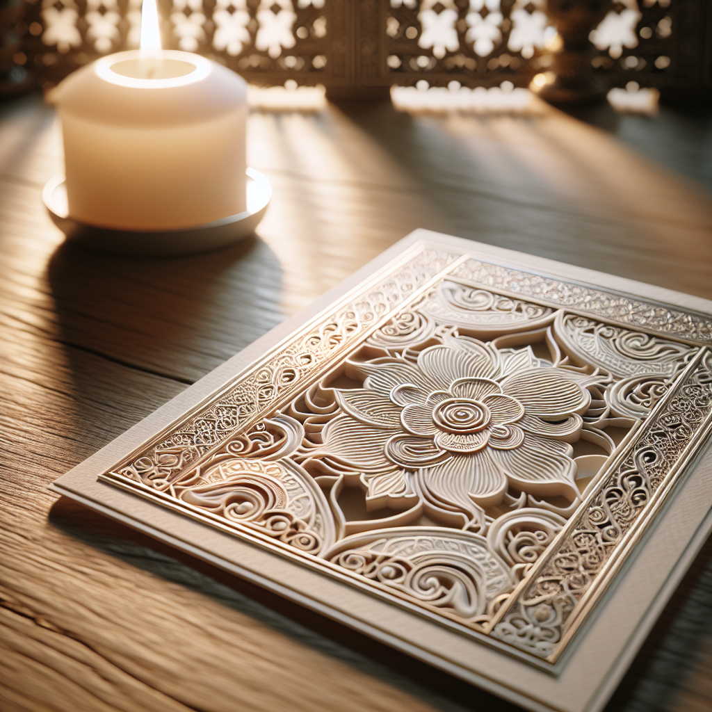 A realistic image of a memorial card on a wooden table with a background candle glow, conveying serenity.