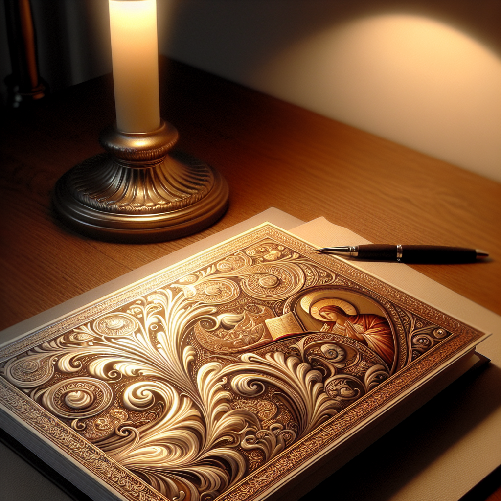 A realistic open memorial card with ornate patterns, in warm lighting, on a wooden table.