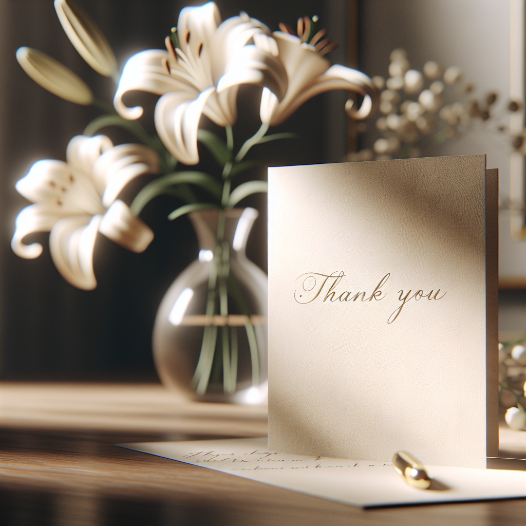 A handwritten thank you note on a desk with white lilies, conveying gratitude and serenity.