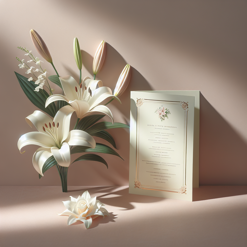 A funeral program with white lilies, representing gratitude and remembrance.