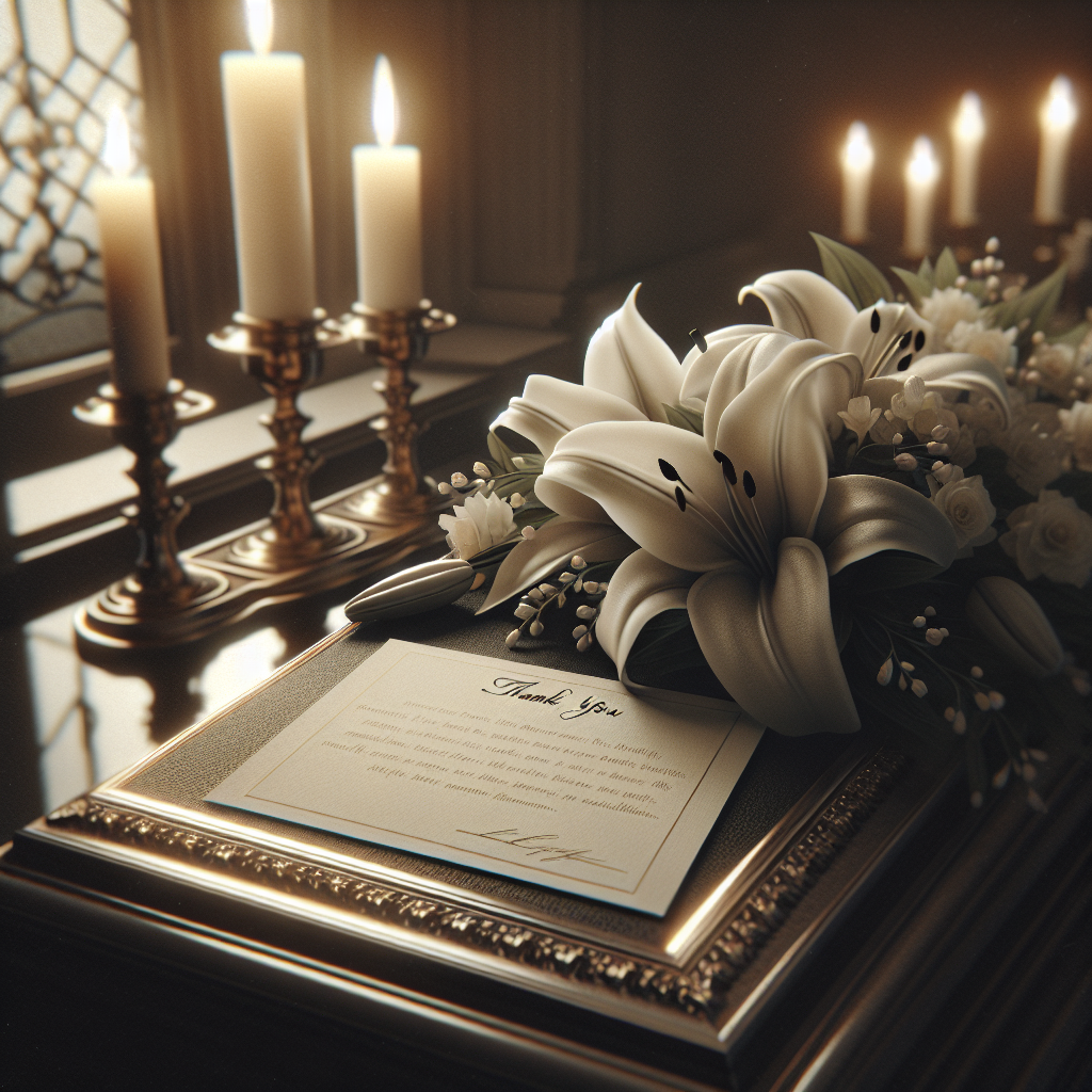 A thank you note surrounded by white lilies in a serene funeral setting with candlelight.