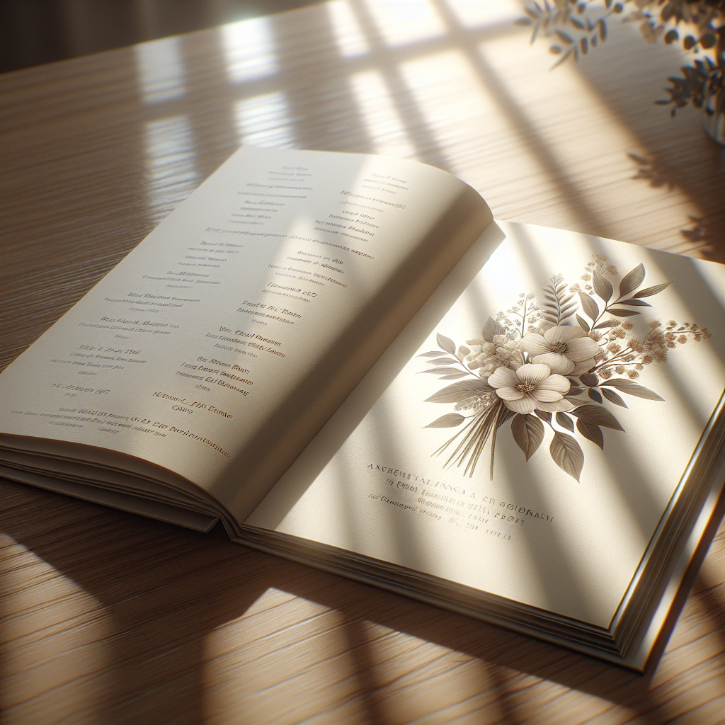 An open funeral program on a wooden table with floral designs and soft sunlight.