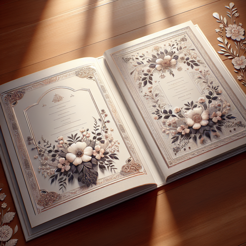 A realistic depiction of an open funeral program booklet with floral designs without text.