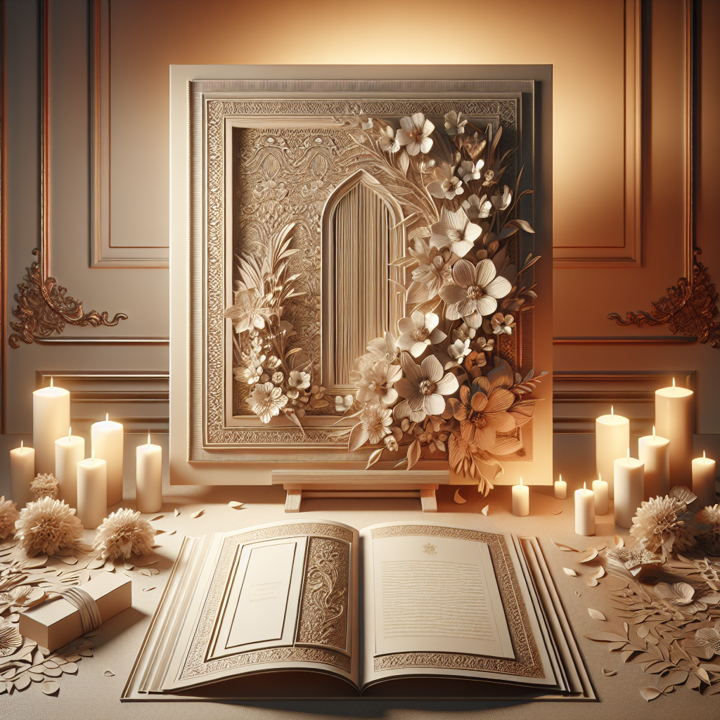 A professional funeral program being created with an artistic design, featuring floral patterns and a sepia-toned photograph.