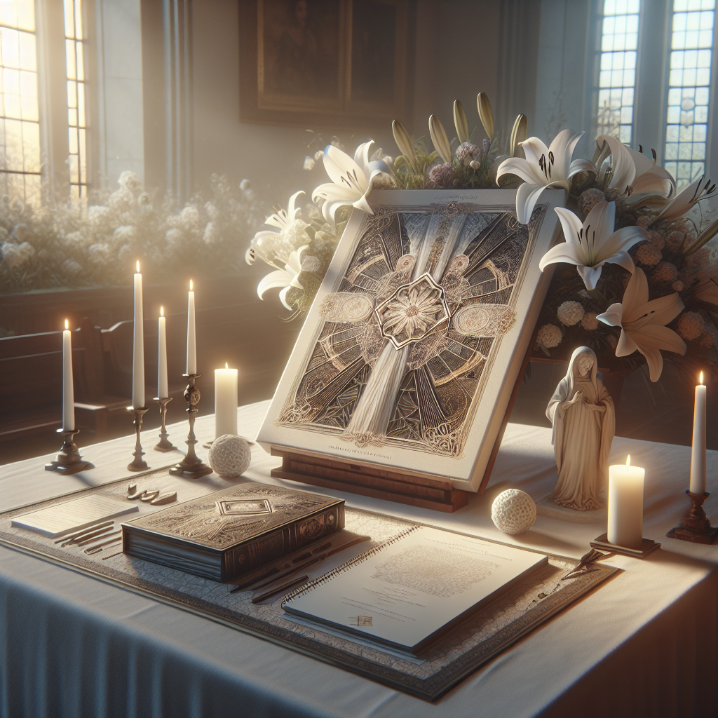 A beautifully designed funeral program on a table with white lilies and candles.