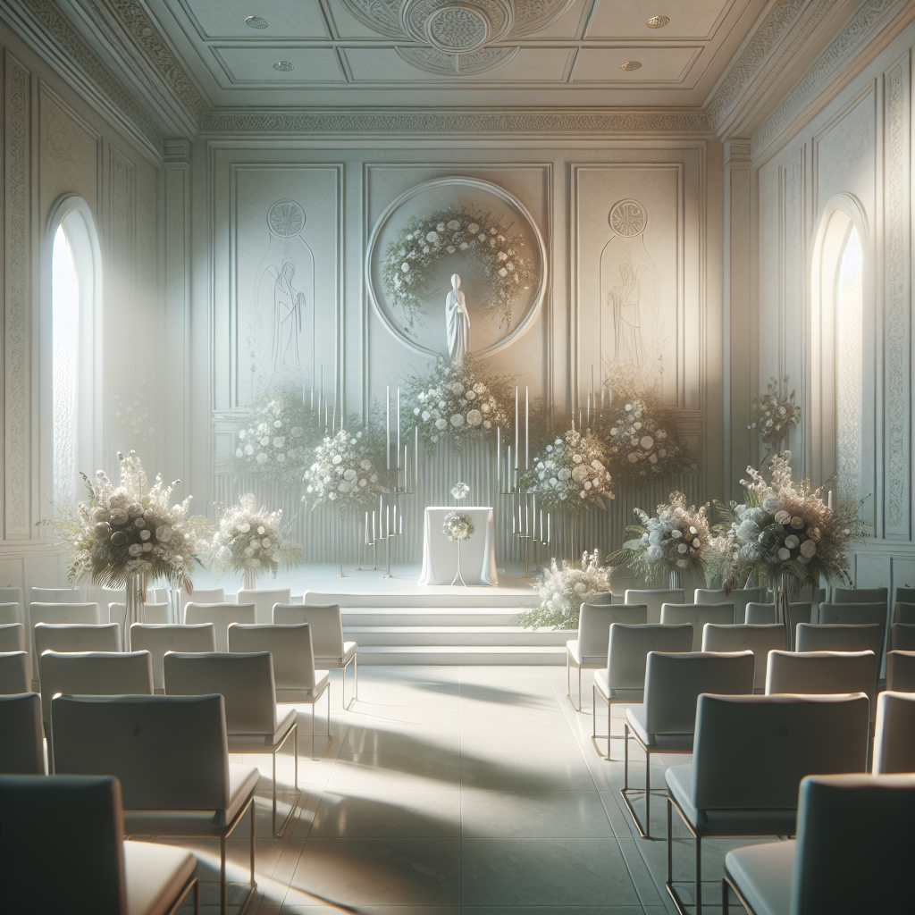 A serene chapel or memorial setting prepared for a funeral service, with floral arrangements and soft lighting.