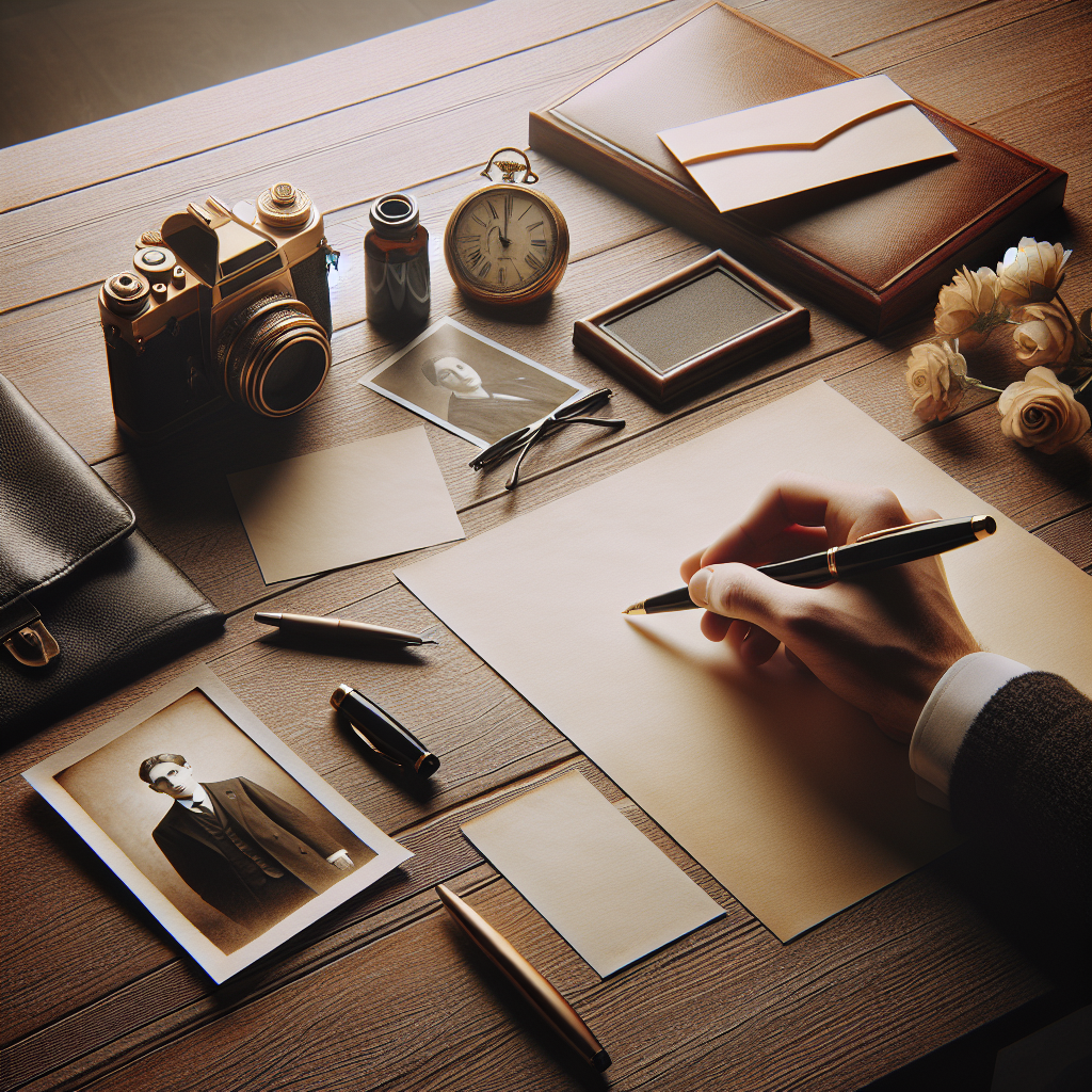 A scene of arranging elements for a funeral program on a table without text.