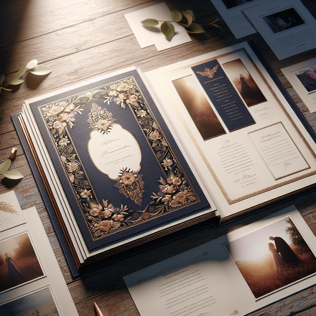 A realistic depiction of a funeral booklet on a wooden table, showcasing its elegant cover and interior design elements without text.