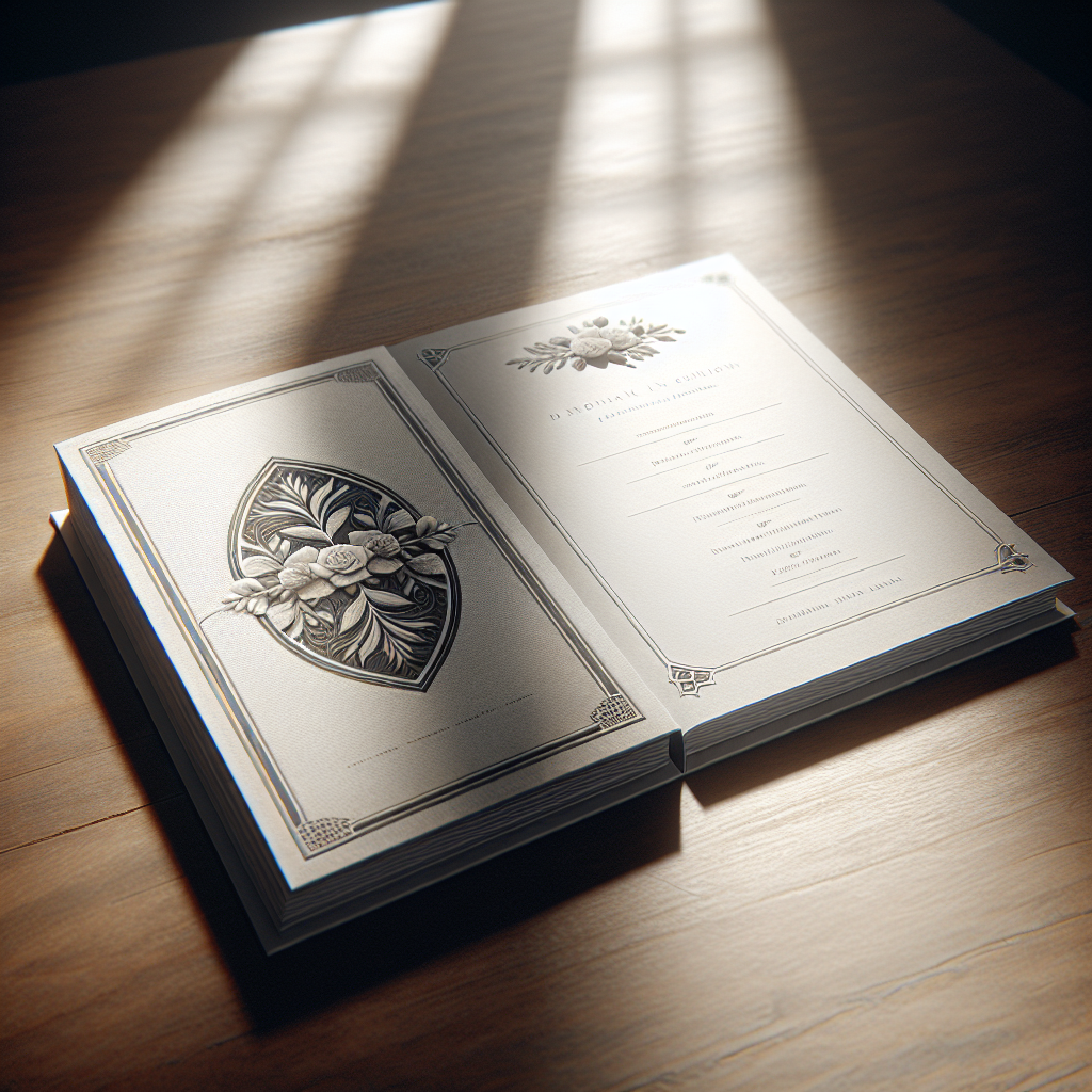 A realistic image of an elegant funeral booklet on a wooden table, open to display blank tribute pages.