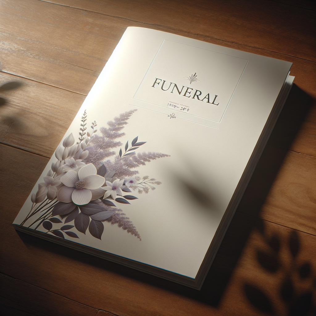 A realistic image of a funeral booklet on a wooden table with a soft matte cover and floral patterns.