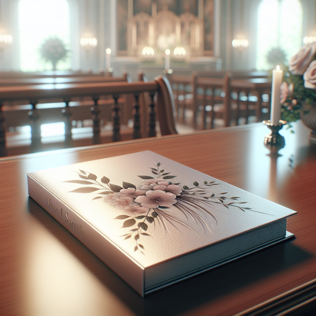 A realistic funeral service setting highlighting a funeral booklet on a wooden table.