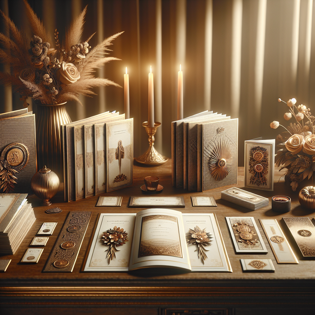 A display of funeral programs, memorial cards, and bookmarks in a serene setting.