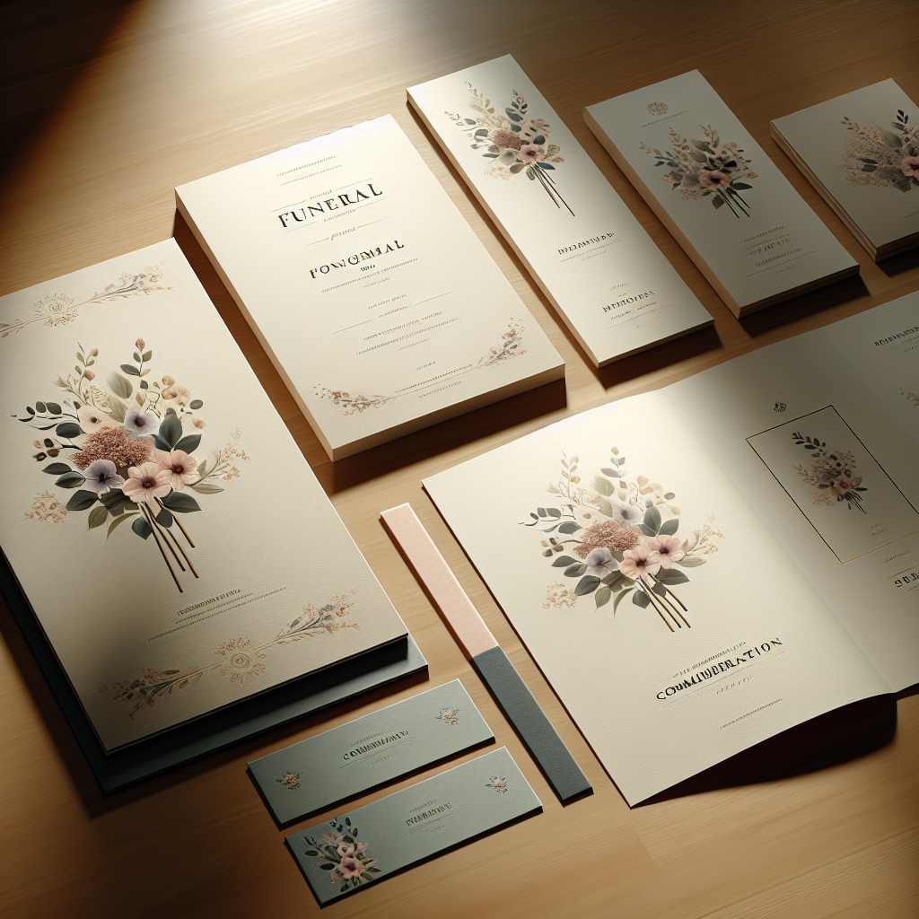 A serene arrangement of funeral print materials on a wooden table.