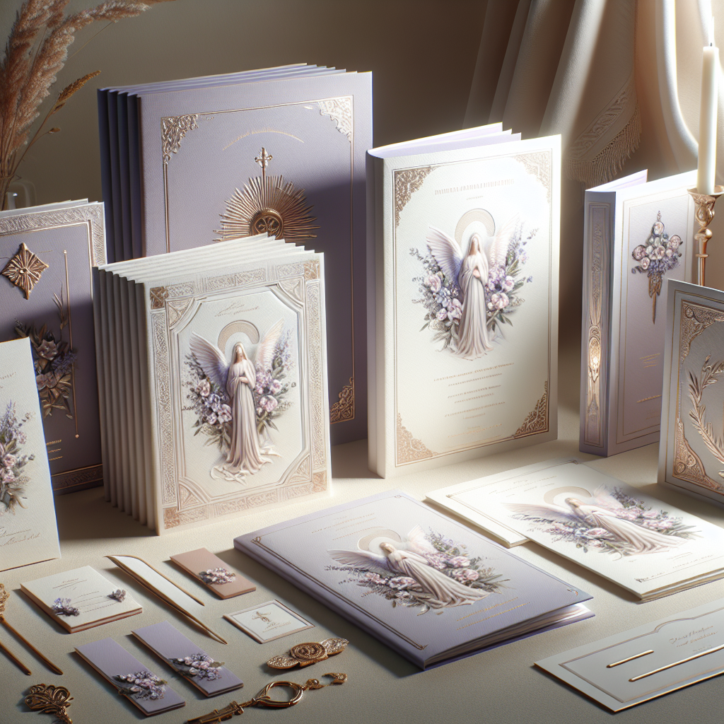 Beautifully arranged set of funeral programs, memorial cards, bookmarks, and posters.