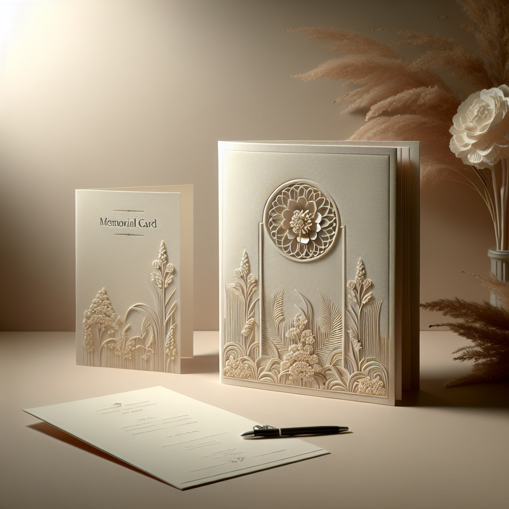 Realistic depiction of Funeral Print.com services with a funeral program and memorial card.