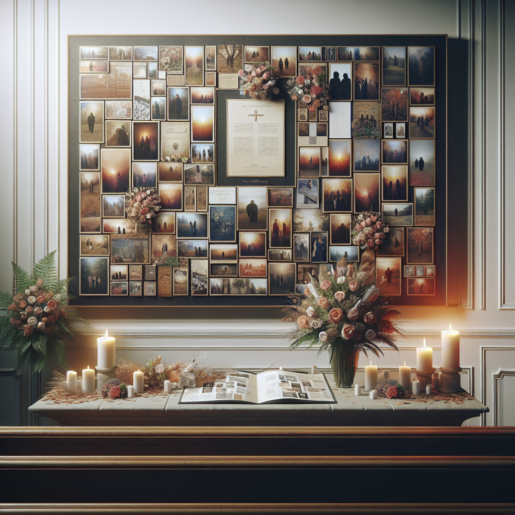 A realistic memorial poster board collage for a funeral with photographs and notes, in a serene setting.