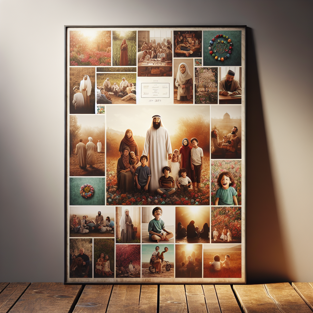 A memorial poster board with various personal photographs on a wooden table.