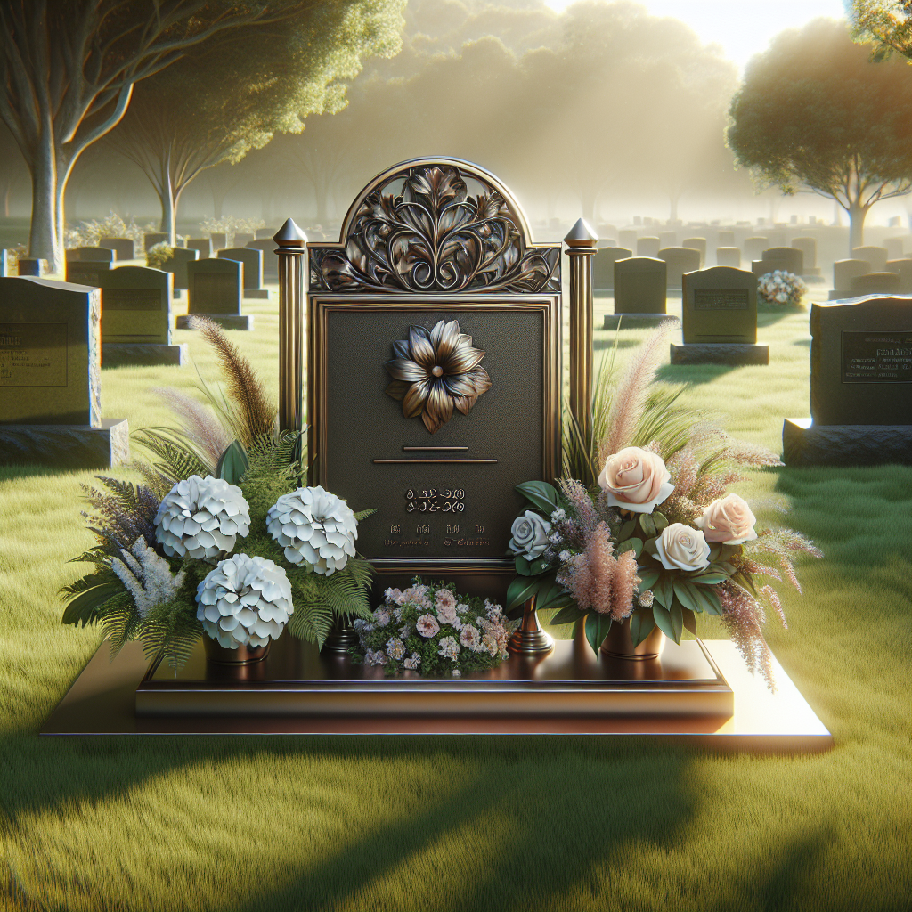 A realistic scene of a grave memorial card holder in a cemetery setting.