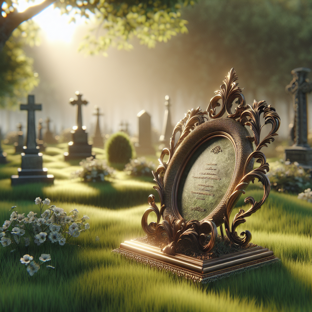 A realistic depiction of an elegant grave memorial card holder in a serene setting.