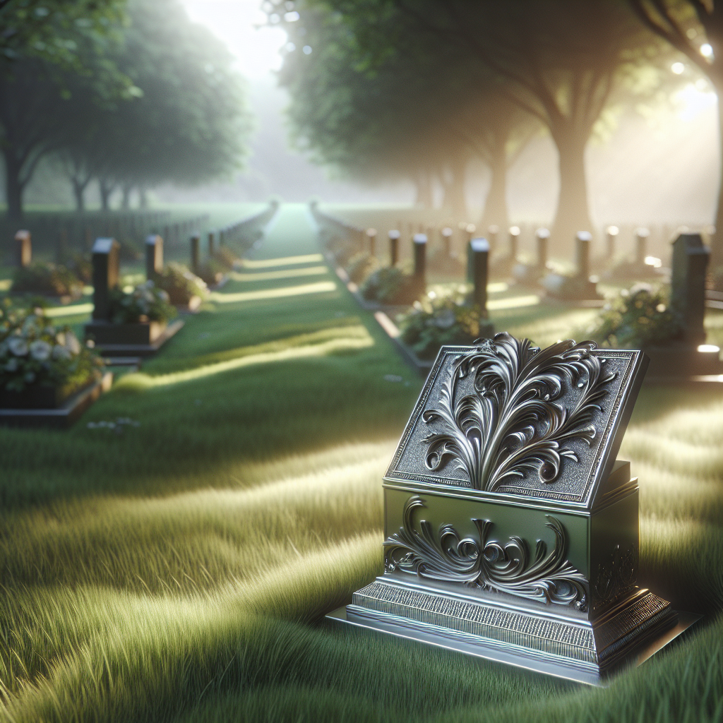 A realistic depiction of an ornate grave memorial card holder in a tranquil cemetery setting.