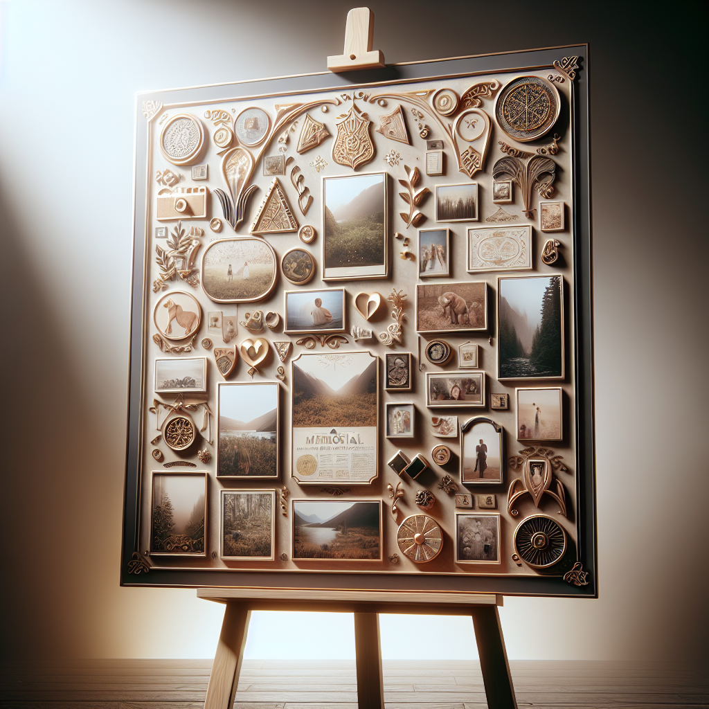 A memorial poster board on a wooden easel surrounded by photos and symbols.