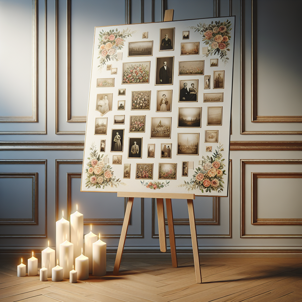 A memorial poster board on an easel with photos, floral patterns, and candles in a serene room.