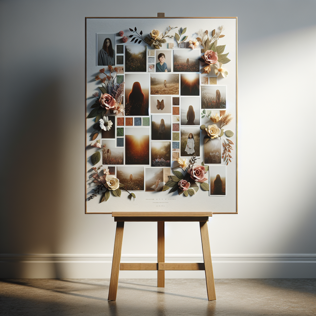 A realistic memorial poster board on an easel with life's journey photos and floral elements.