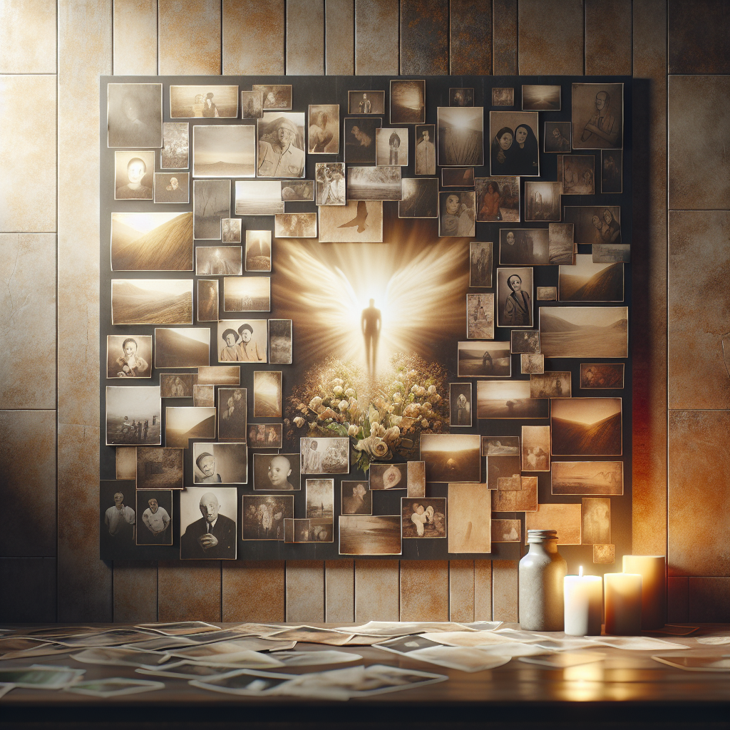 A realistic memorial poster board collage with photographs in soft lighting.