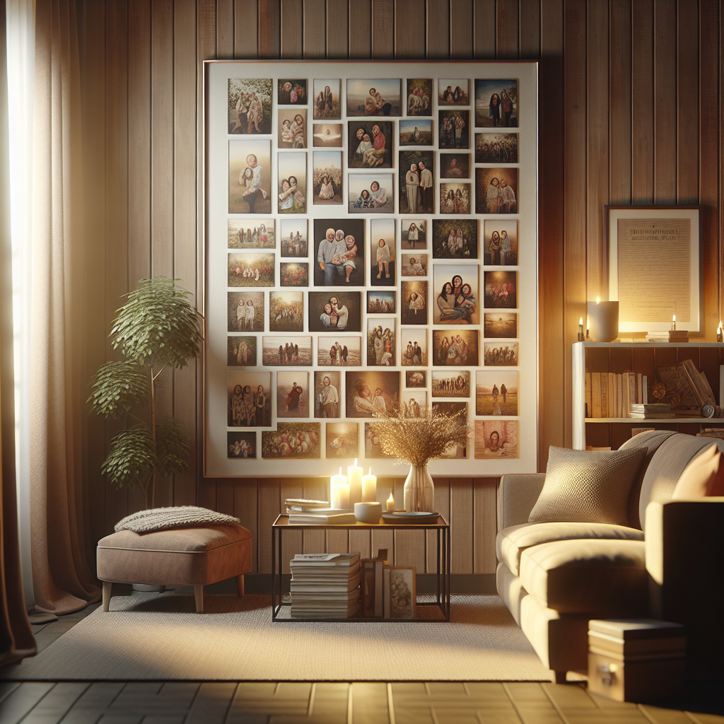 A memorial poster board with photographs in a cozy living room.