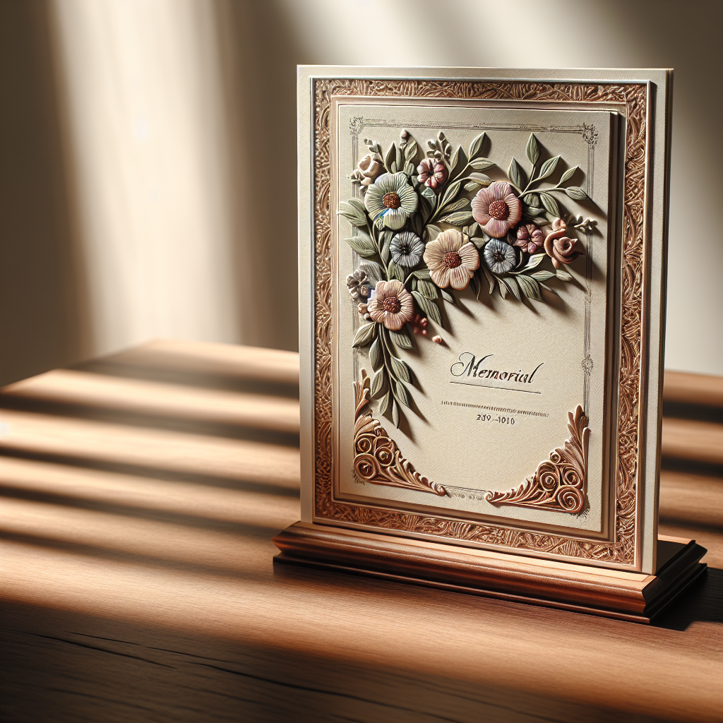 An elegant, floral-patterned memorial card on a wooden table with soft lighting and no text.