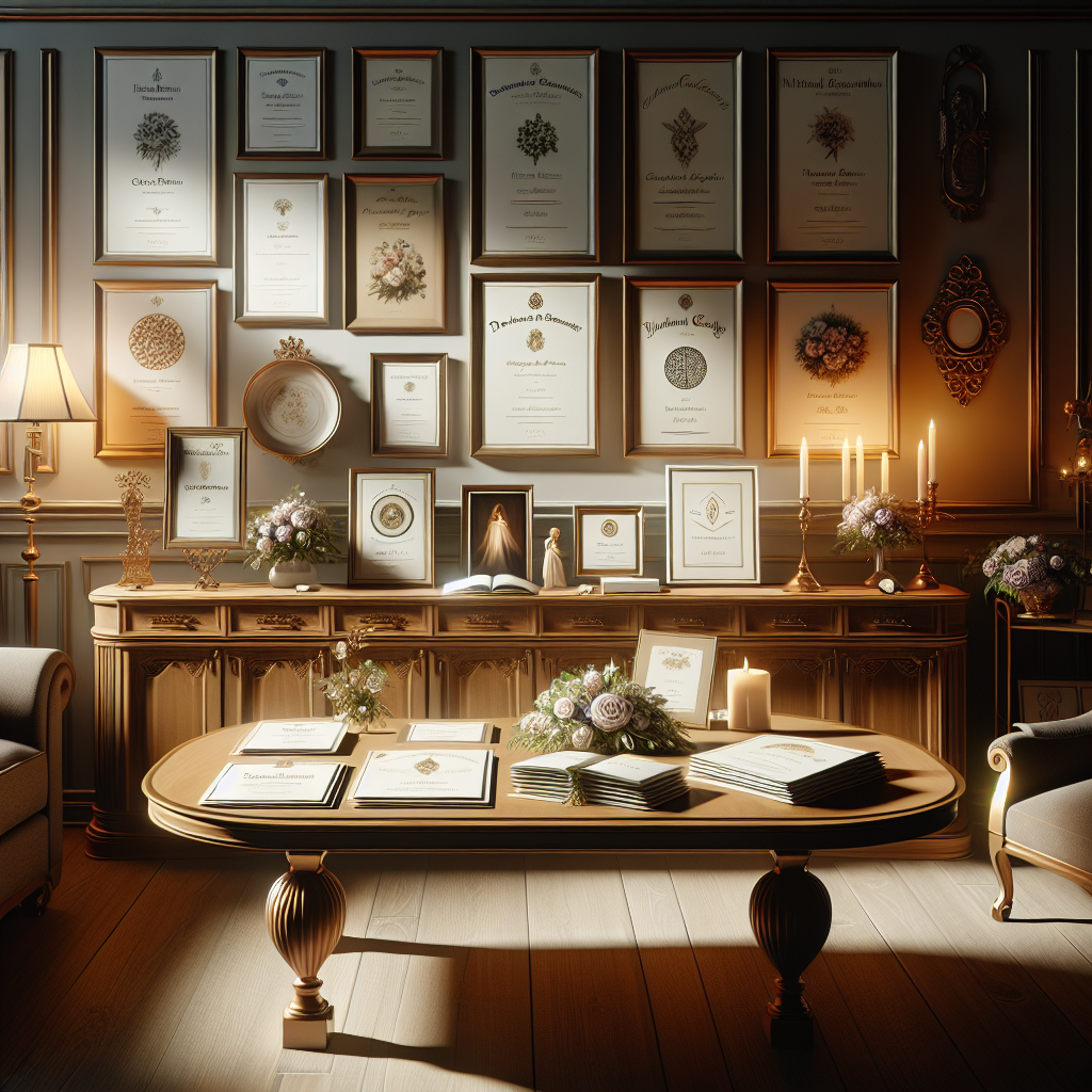 A serene memorial printing studio showing elegant funeral programs and memorial cards on a wooden table.