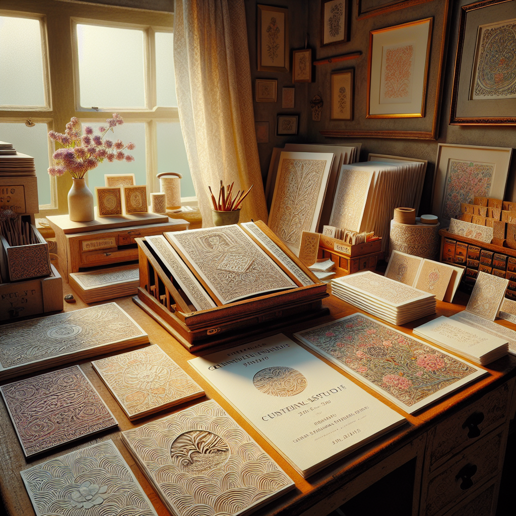 A cozy printing studio showcasing elegant funeral programs and memorial cards.