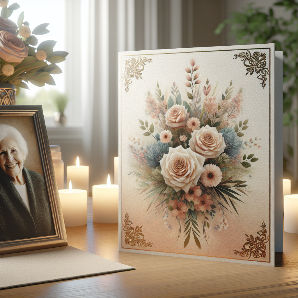 A beautifully designed funeral memorial card with floral illustrations and framed photo of a smiling elderly person, surrounded by candlelight.