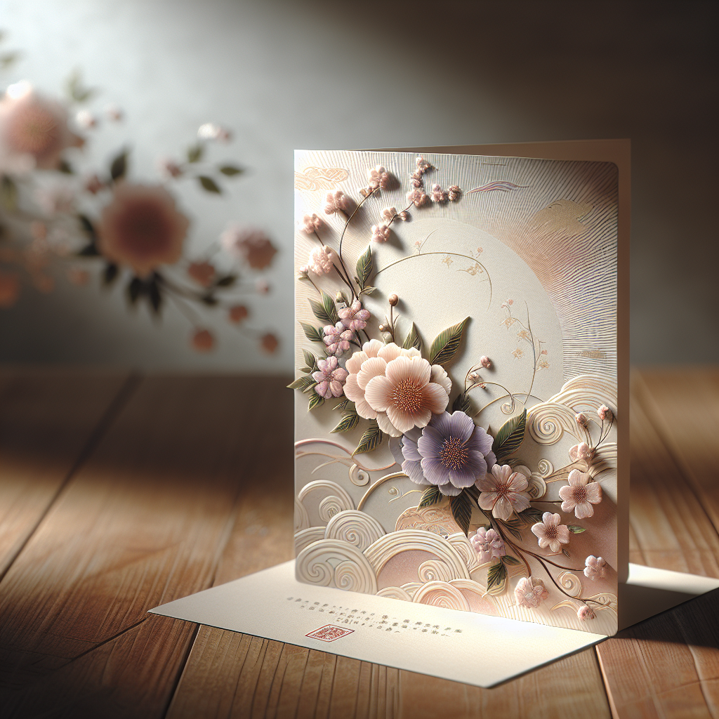 A realistic memorial card with floral patterns on a wooden table.