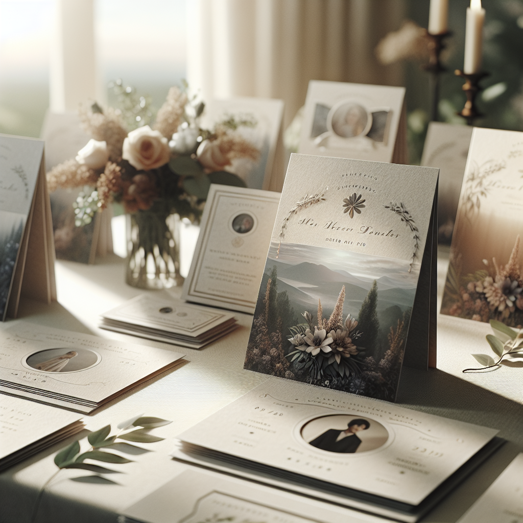 A set of personalized funeral memorial cards displayed elegantly on a table.