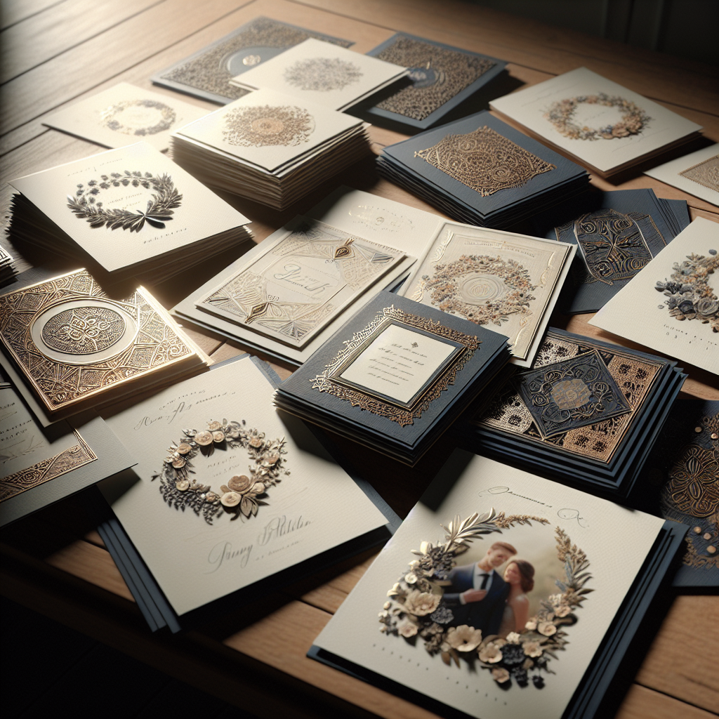 A collection of diverse memorial cards on a wooden table, with soft lighting.