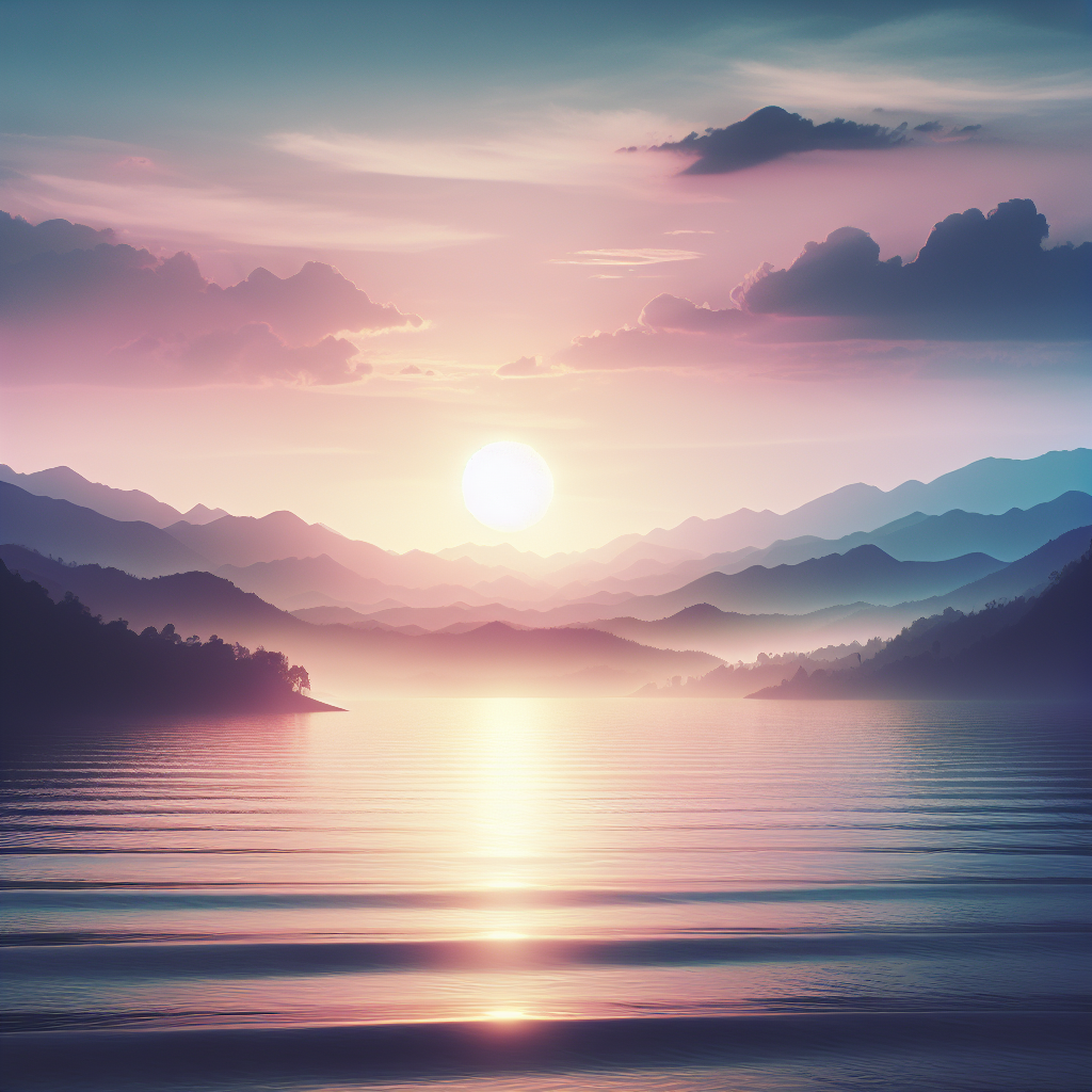 A serene funeral program background with a tranquil sunrise over a lake.