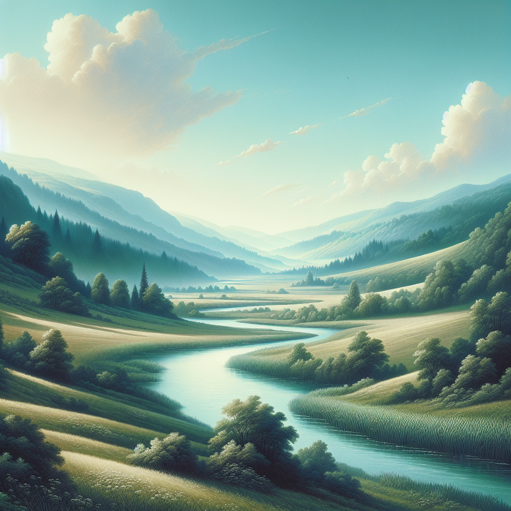 A serene landscape for a funeral program background with hills, a river, and greenery.