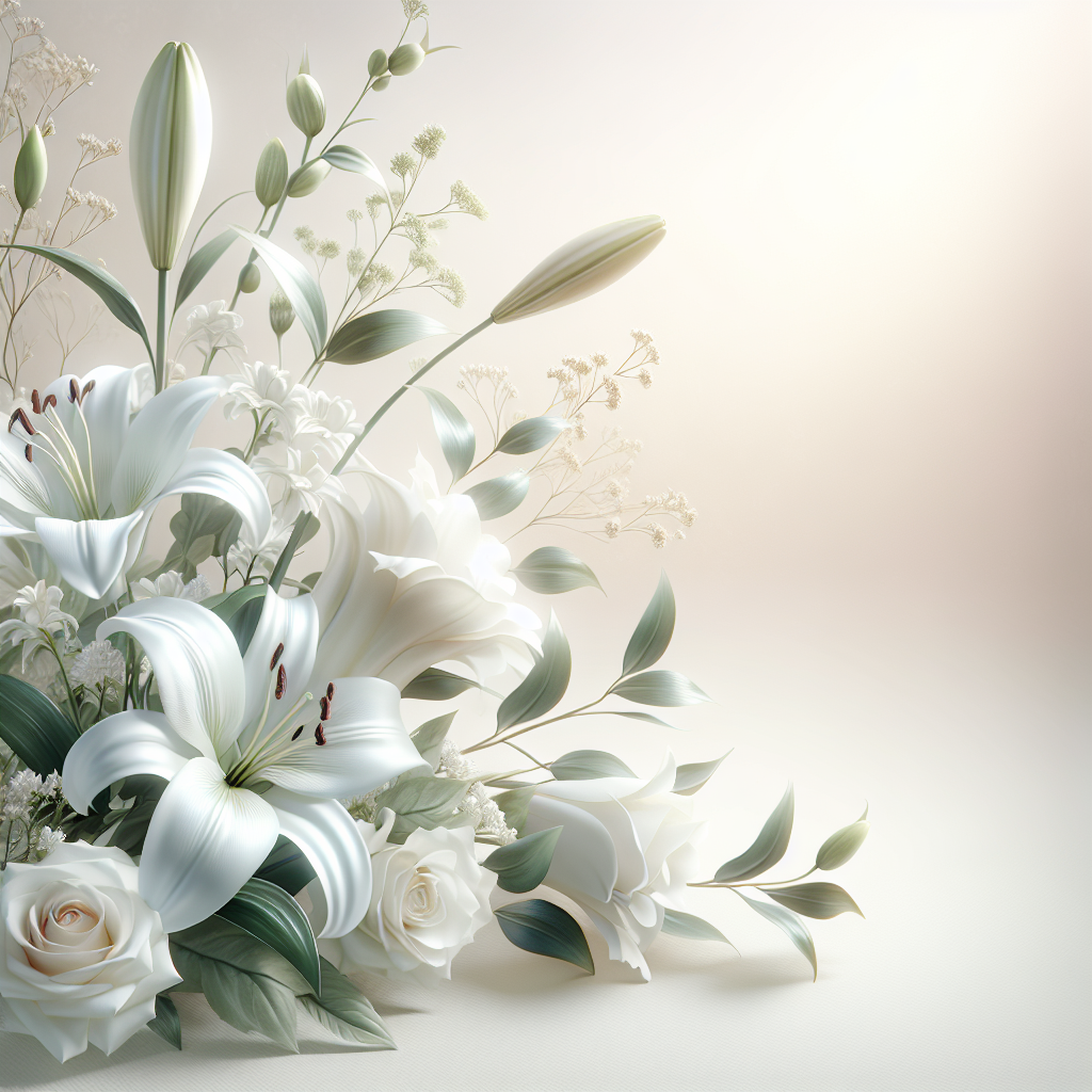 Realistic funeral program background with white lilies and roses in a peaceful setting.