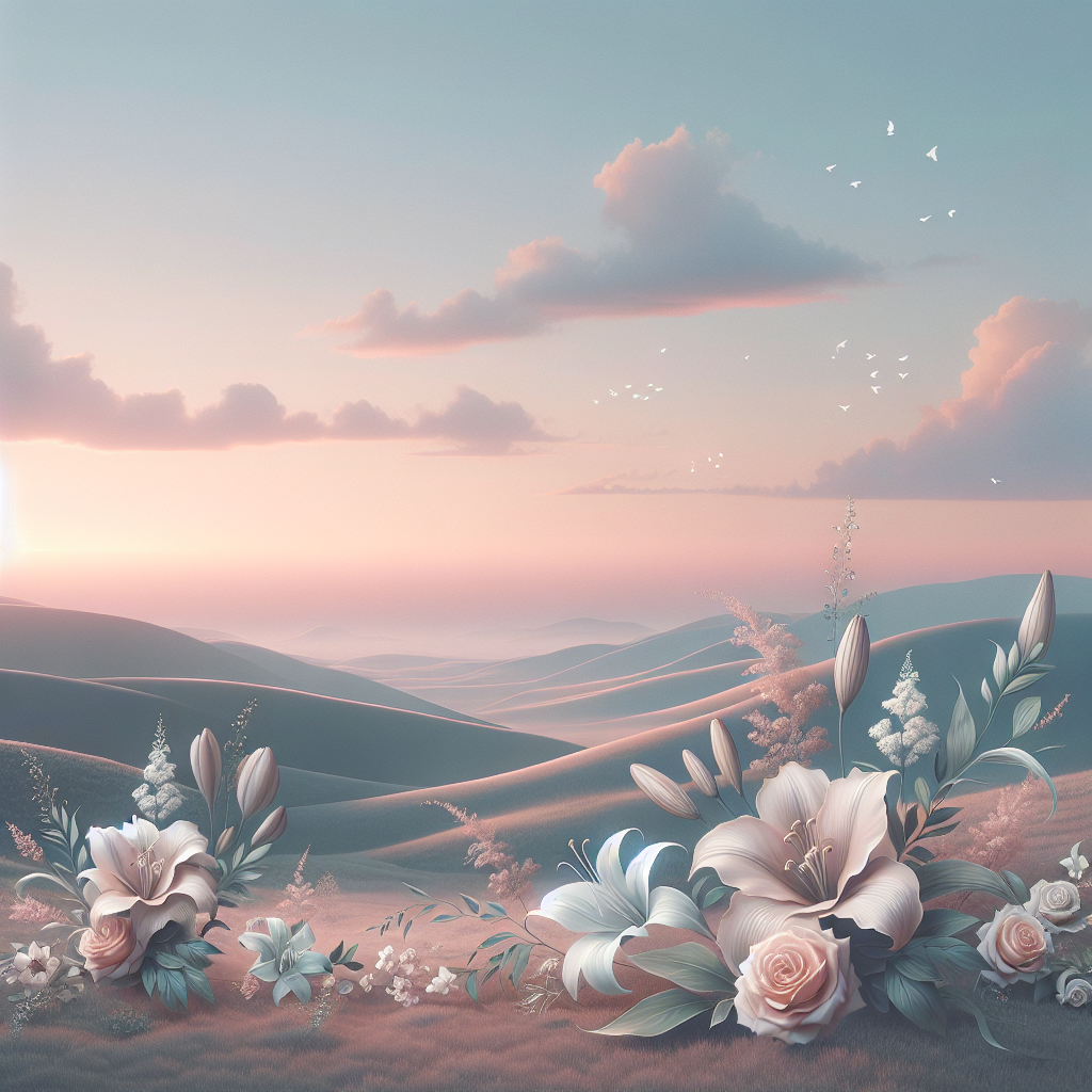 A serene, realistic funeral program background with hills and a pastel sunset.