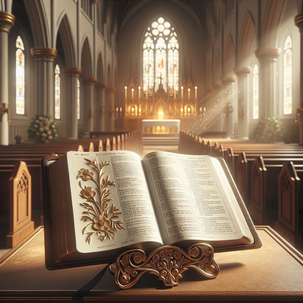 A serene church scene with an open Bible on a stand bathed in warm light.