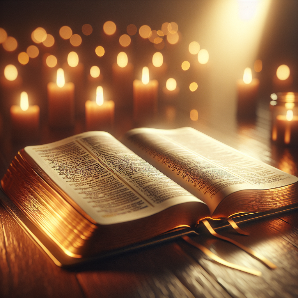 An open Bible on a wooden table, surrounded by candlelight, conveying peace and spirituality.