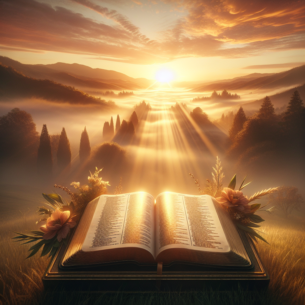 A realistic scene of a sunrise over a serene landscape with an open Bible, symbolizing hope and peace.